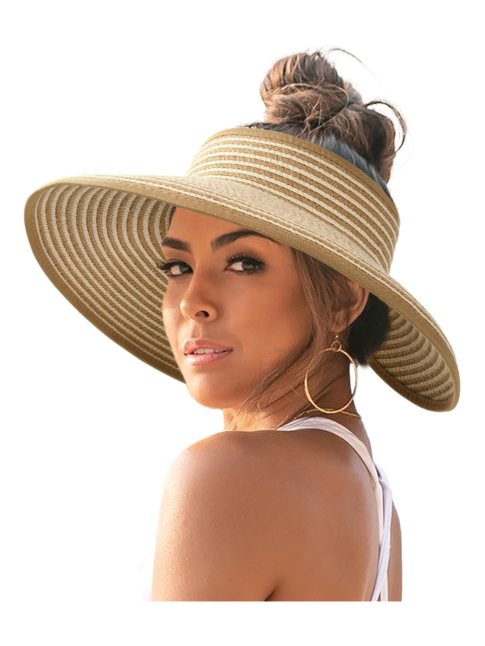 Womens Sun Hat with Ponytail Hole Wide Brim Beach | Khaki Beige Stripes | Size M